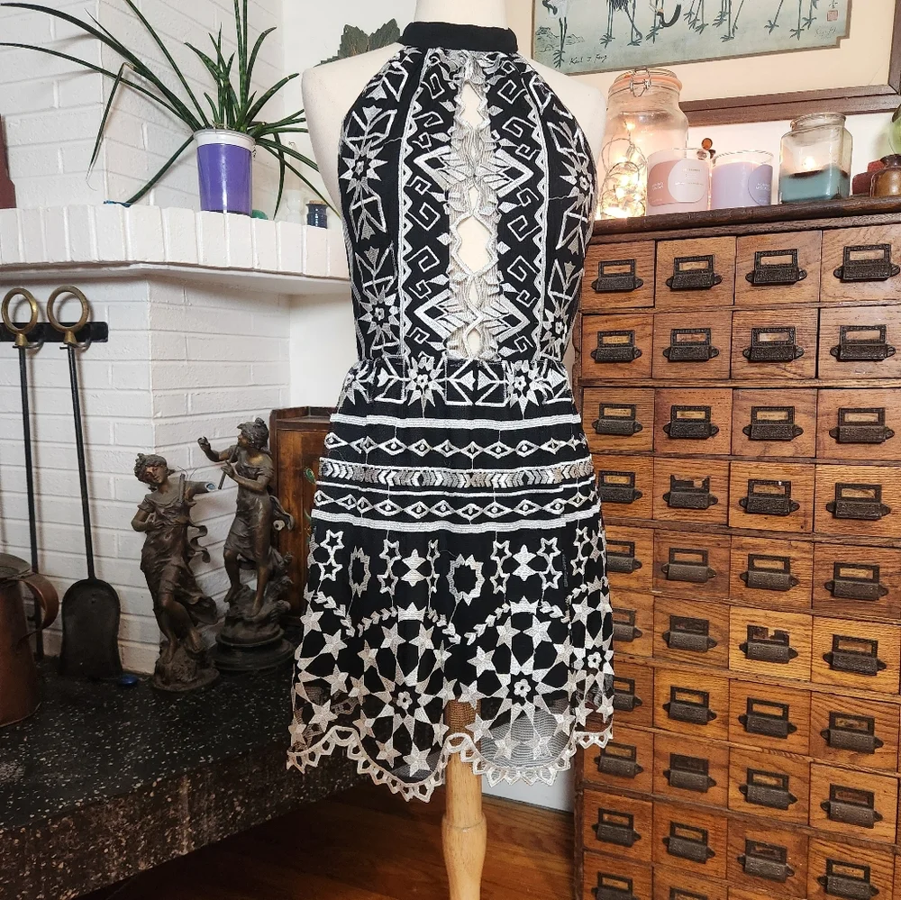 Jen's Pirate Booty Starlight Mini Black And Silver Halter Dress Size Small - Picture 3 of 13